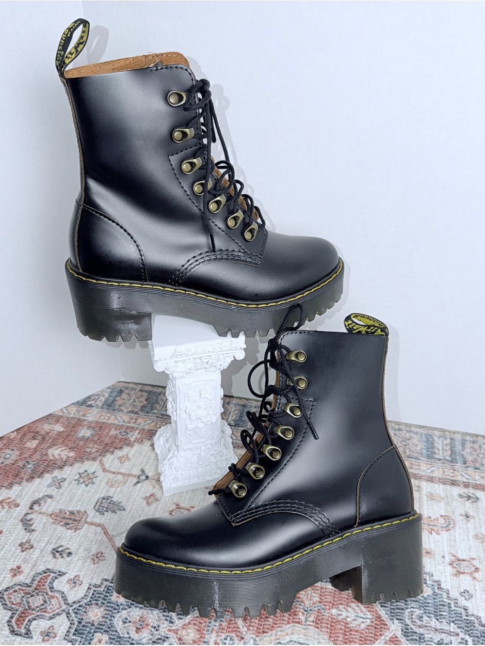 Dr. Martens Leona Black Platform Lace-Up Combat Boots with Yellow Stitching